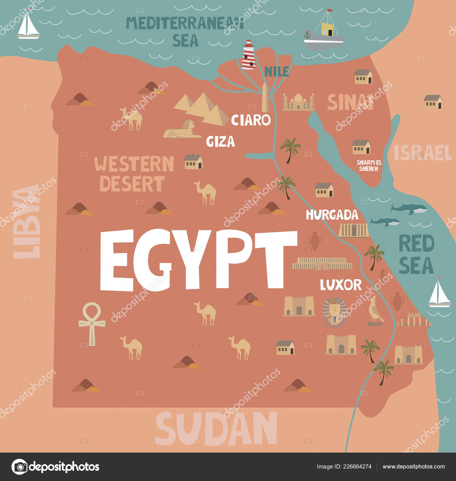Ilustração Mapa Egito Com Cidade Marcos Natureza Ilustração Vetorial  Editável Vetor de ©MioBuono12 226664274, image size:1600x1689