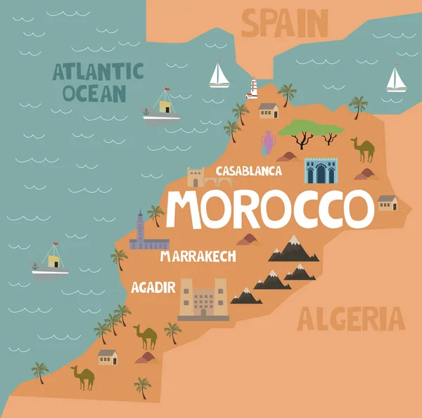 Illustrationskarte Von Marokko Mit Stadt Sehenswürdigkeiten Und Natur Editierbare Vektorabbildung — Stockvektor