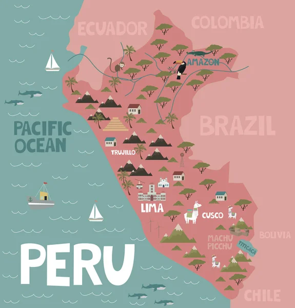 Mapa Ilustrativo Peru Com Cidade Marcos Natureza Ilustração Vetorial Editável —  Vetores de Stock