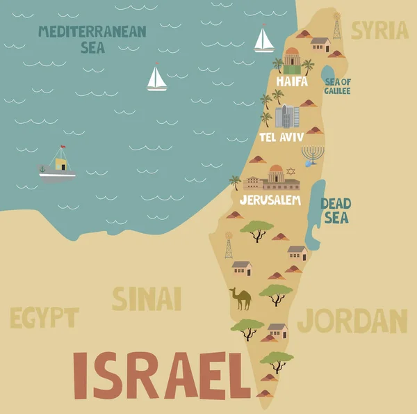 Ilustração Mapa Israel Com Cidade Marcos Natureza Ilustração Vetorial Editável — Vetor de Stock