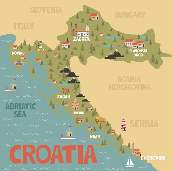 克罗地亚的例证地图与城市 地标和自然 可编辑的矢量插图 — 图库矢量图片