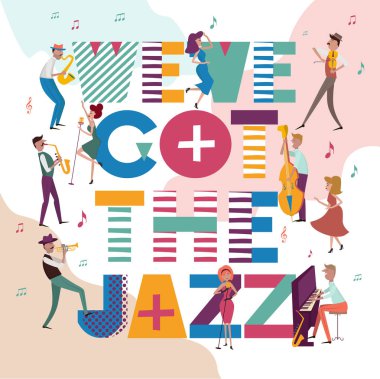 Caz konseri veya Festivali afiş şablon karakterlerle müzik aletleri oynamaya. Düzenlenebilir vektör çizim