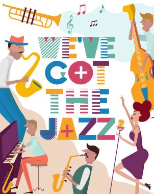 Caz konseri veya Festivali afiş şablon karakterlerle müzik aletleri oynamaya. Düzenlenebilir vektör çizim