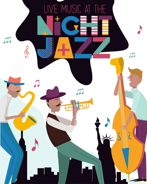 Jazz Concert Festival Poster Template New York Landscape Characters Playing — Stock Vector