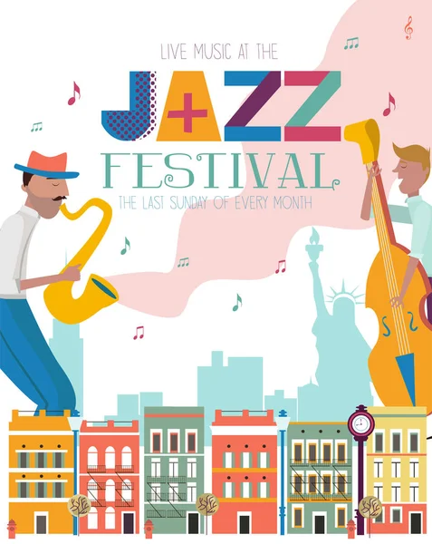 Jazz Concert Festival Poster Template New York Landscape Characters Playing — Stock Vector