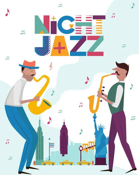 Modello Poster Concerti Festival Jazz Con Paesaggio Newyorkese Personaggi Che — Vettoriale Stock
