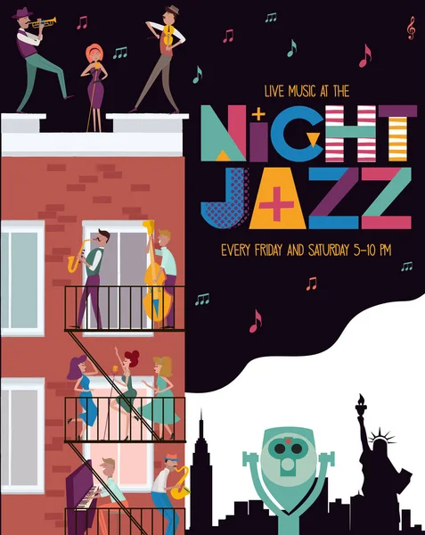 Jazz Concert Festival Poster Template New York Landscape Characters Playing — Stock Vector