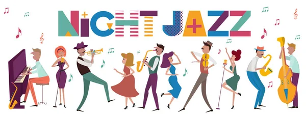 爵士音乐会或节日海报模板与演奏乐器的字符 可编辑的矢量插图 — 图库矢量图片