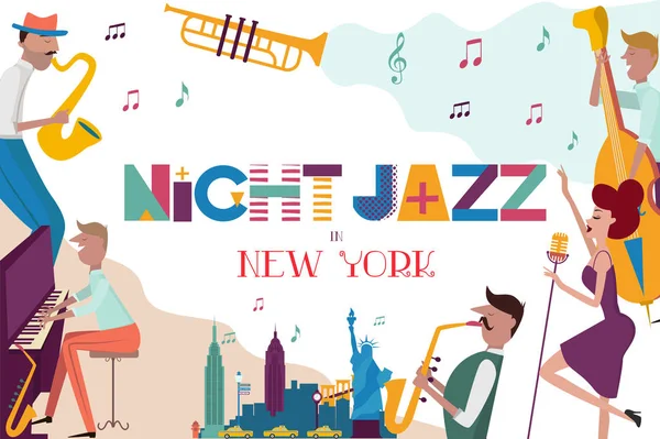 Jazz Concert Festival Poster Template New York Landscape Characters Playing — Stock Vector