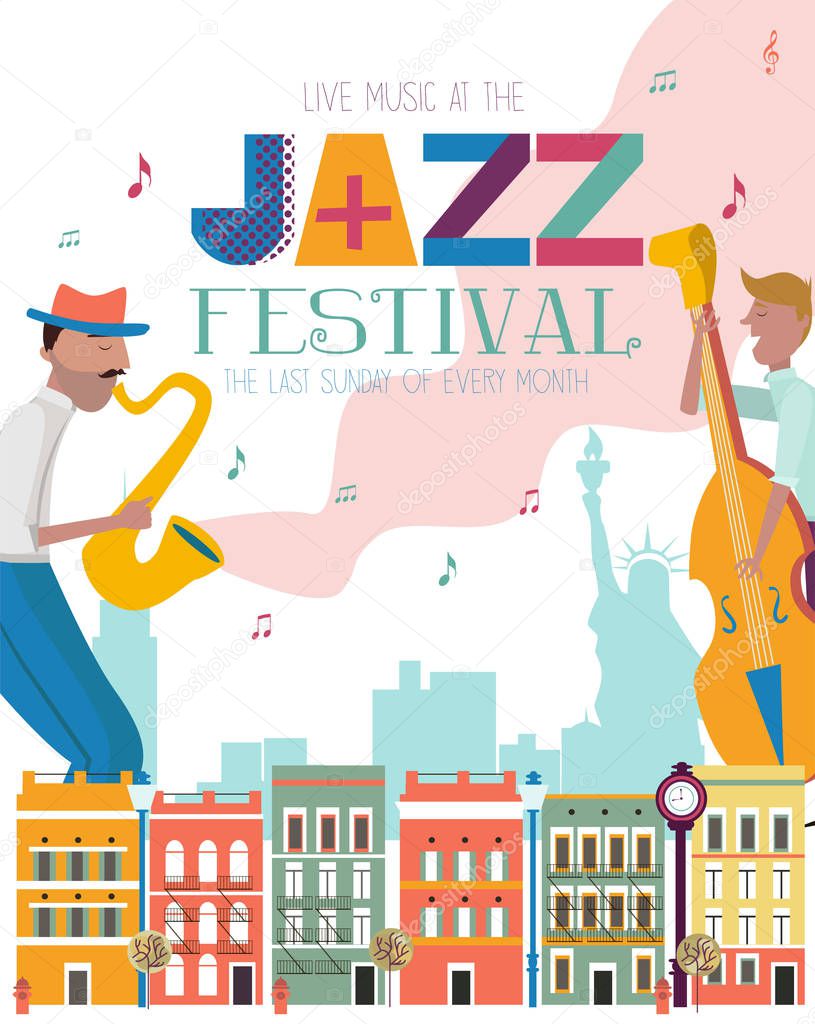 Jazz concert or festival poster template with New York landscape and characters playing musical instruments. Editable vector illustration