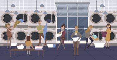 Çamaşırhane ve Kuru Temizleme kavramı düz Illustration. Çamaşırhanede self servis. Yükleme insanlar giyim çamaşır makinesi ve bekleyen kirli. Düzenlenebilir vektör çizim