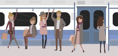 Bir metro treninin içinde insanlar. Yolcular yeraltı. İnsanlar ve toplu taşıma. Düzenlenebilir vektör çizim