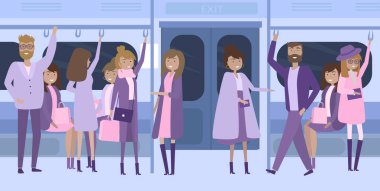 Bir metro treninin içinde insanlar. Yolcular yeraltı. İnsanlar ve toplu taşıma. Düzenlenebilir vektör çizim