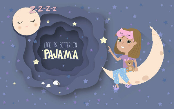 Pajama party poster with fun girls and paper cut sky. Invitation for slumber party. Editable vector illustration