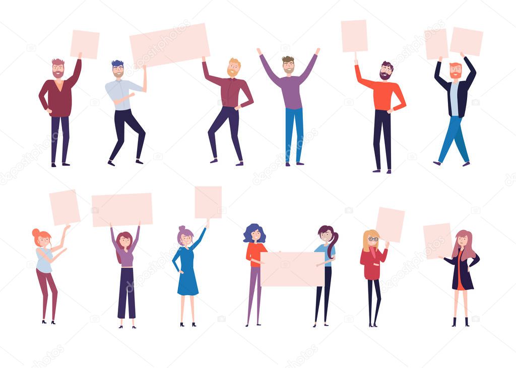 Group of people standing together and holding blank banner, protesters or activists. People taking part in parade or rally. Editable vector illustration