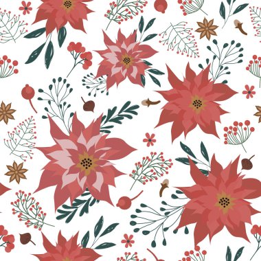 Noel bitki ve çiçekler ile Seamless modeli. Düzenlenebilir vektör çizim