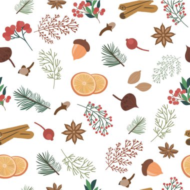 Noel bitki, çiçek ve baharat ile Seamless modeli. Düzenlenebilir vektör çizim