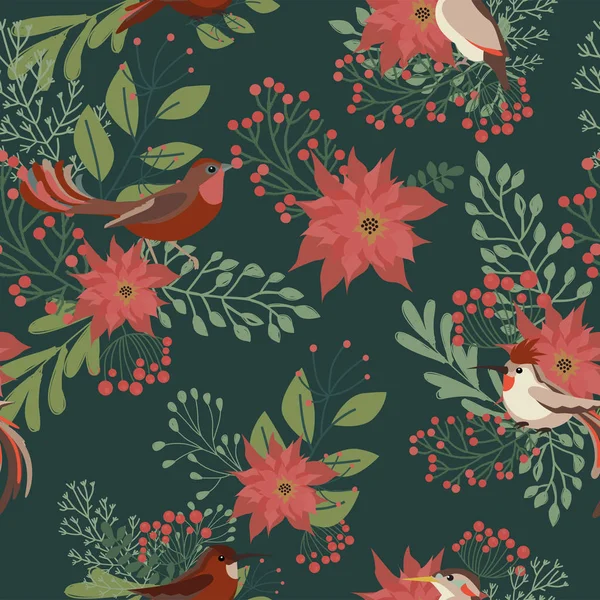 クリスマスの植物 花や鳥とのシームレスなパターン 編集可能なベクトル図 — ストックベクタ