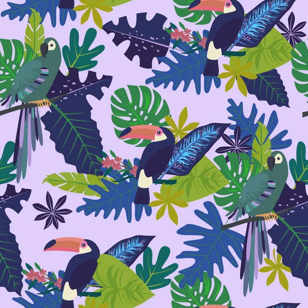 熱帯の葉と鳥のシームレスなパターン 編集可能なベクトル図 — ストックベクタ