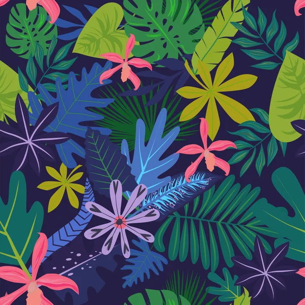 Tropikal yaprak ve çiçek ile Seamless modeli. Düzenlenebilir vektör çizim