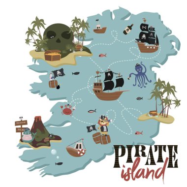 Hazine haritası. Korsan Doğum günü davetiyesi kart karikatür tarzı. Düzenlenebilir vektör çizim