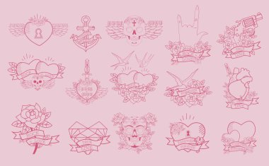 Eski okul dövme stil doğrultusunda romantik simgelerin ayarlayın. Düzenlenebilir vektör çizim