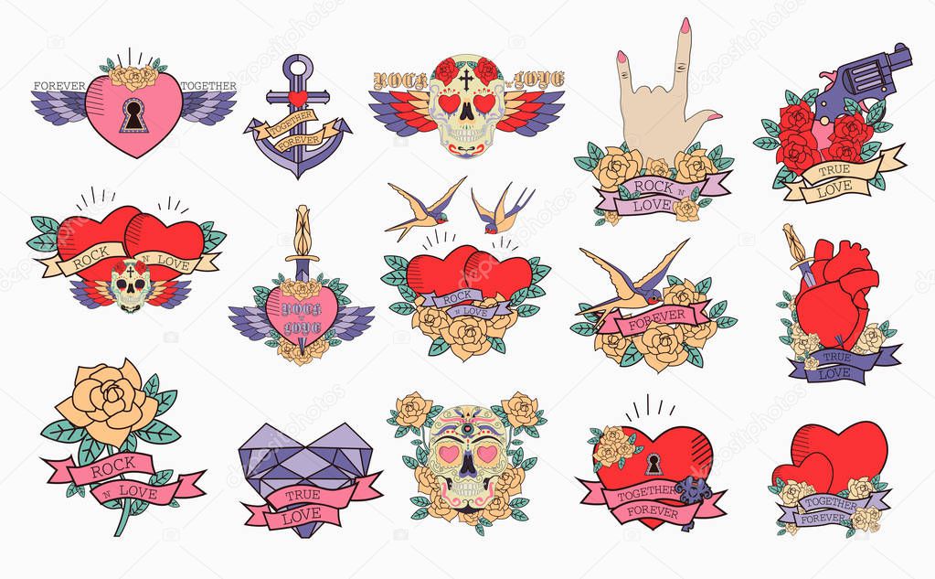 Set of romantic icons with old school tattoo style. Editable vector illustration