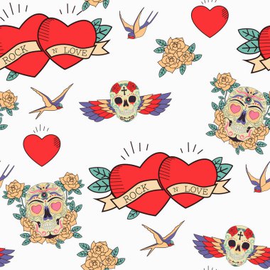Eski okul dövme tarzı ile mutlu sevgililer günü seamless modeli. Düzenlenebilir vektör çizim