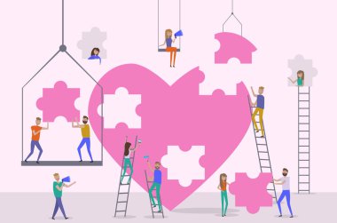 Sevgililer günü poster, afiş, Satılık poster ile küçük insanlar kurmak büyük kalp bulmaca. Düzenlenebilir vektör çizim 