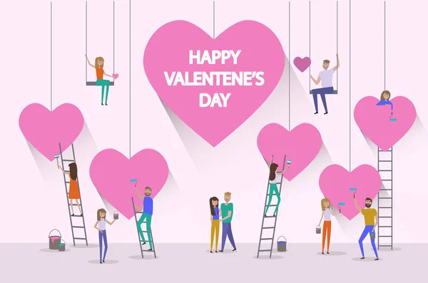 Valentinstag Plakat Banner Verkaufsplakat Mit Großen Herzen Und Kleinen Menschen — Stockvektor