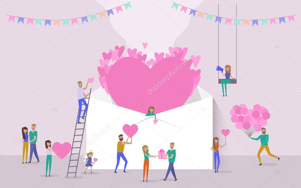 Valentine's day poster, banner, Sale poster with  large letter with big heart and small people around them. Editable vector illustration 
