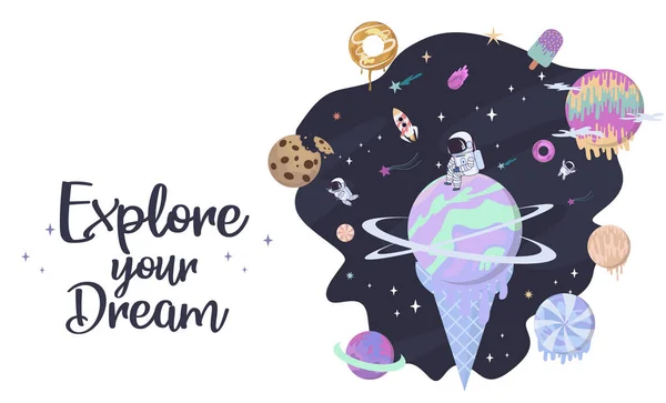 Γλυκιά Χώρο Γελοιογραφία Αφίσα Φαντασία Σοκολάτα Μπισκότο Καραμέλα Ντόνατ Πλανήτες — Διανυσματικό Αρχείο