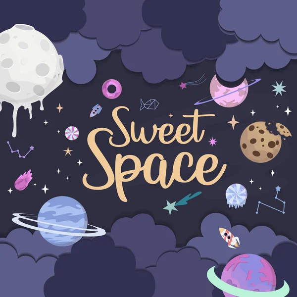 Sladký Prostoru Kreslený Plakát Fantasy Čokoládová Cookie Candy Kobliha Karamelové — Stockový vektor