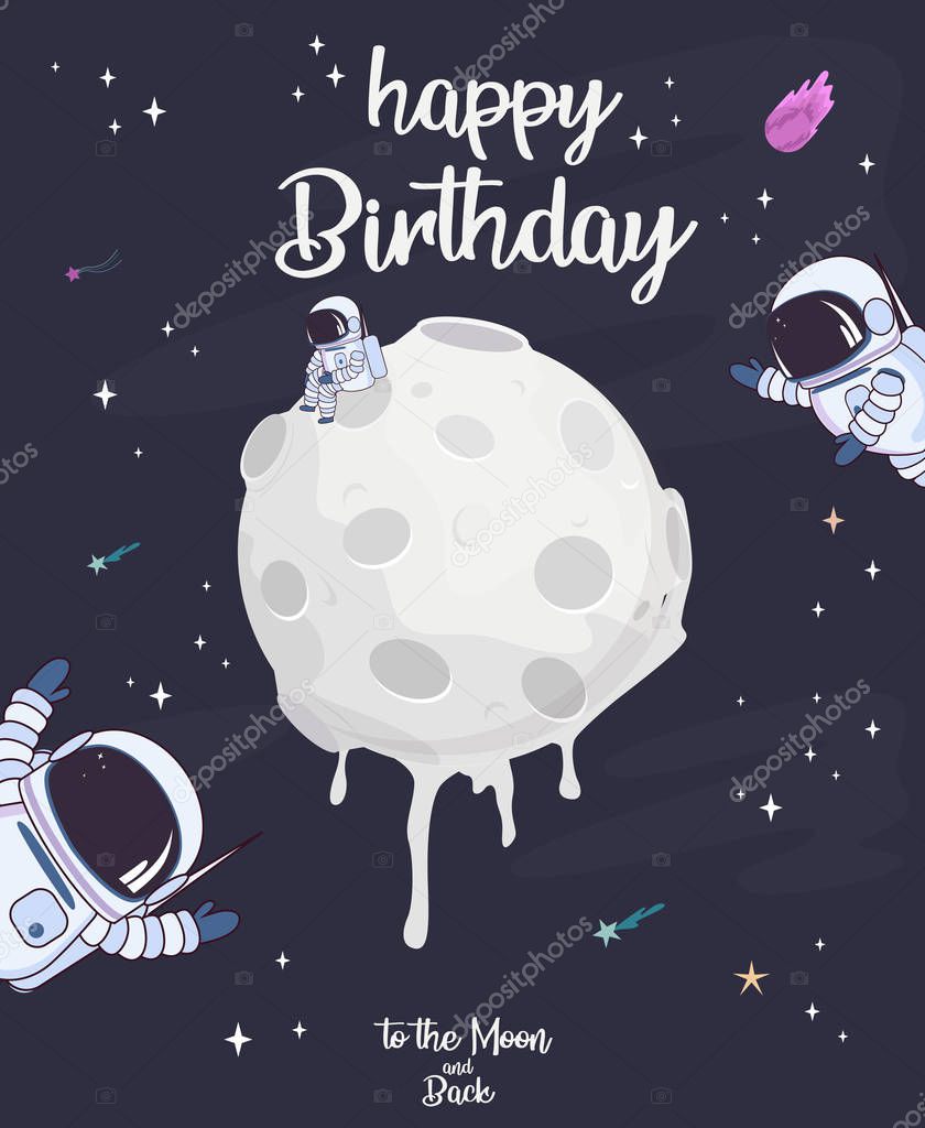 Sweet space cartoon poster with fantasy sweets moon and astronaut. Birthday party invitation, Fantasy galaxy game concept. Editable vector illustration