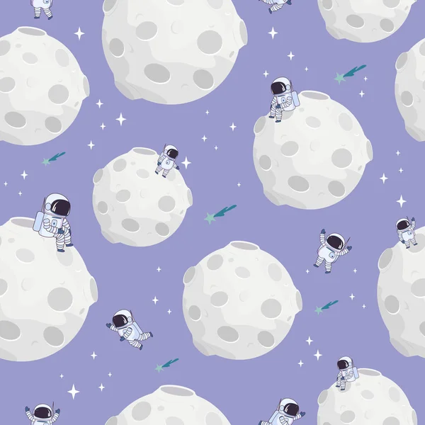 Sweet space seamless pattern with fantasy moon, stars and astronaut. Editable vector illustration