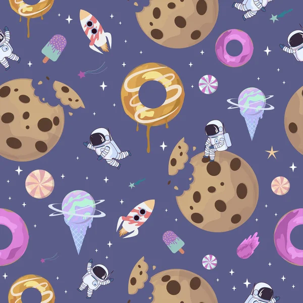 甜蜜的空间无缝模式与幻想巧克力饼干 甜甜圈 焦糖糖果行星和宇航员 可编辑的矢量插图 — 图库矢量图片