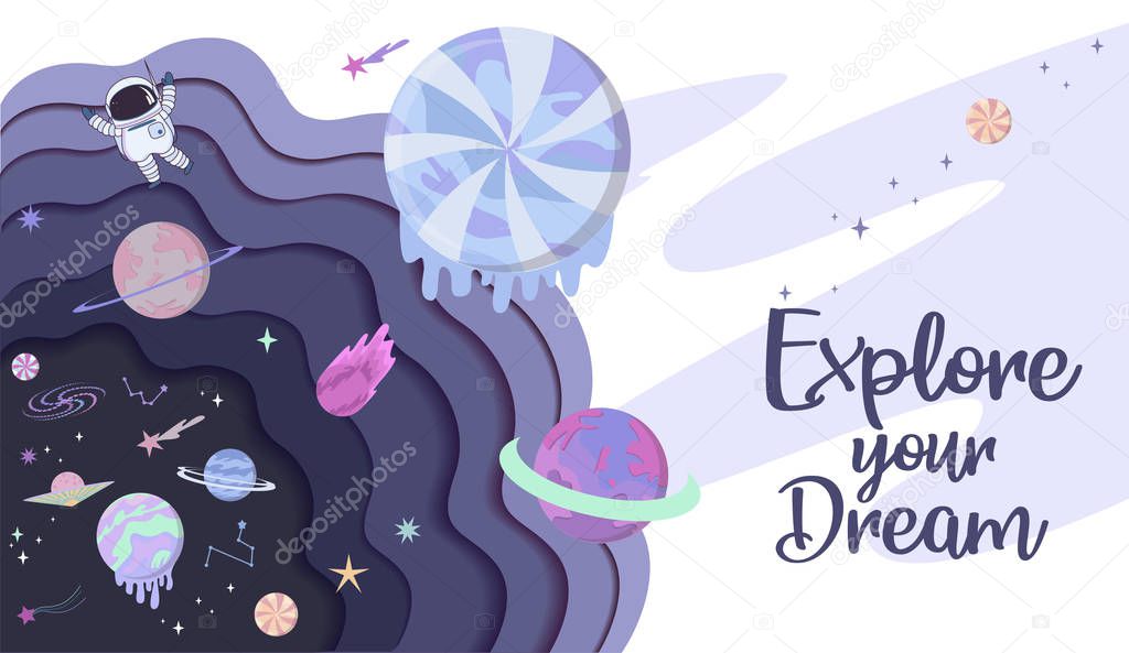 Sweet space cartoon poster with fantasy chocolate cookie, candy, donut, caramel sweets planets and astronaut. Birthday party invitation, Fantasy galaxy game concept. Editable vector illustration