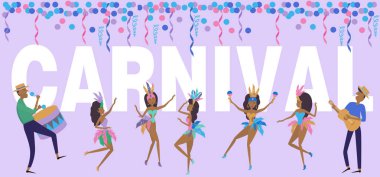 Brezilya karnaval poster şablonu Brezilya samba dansçısı. Festival kostüm giyen kızlar ile karnaval Rio de Janeiro. Düzenlenebilir vektör çizim