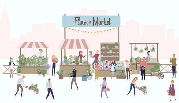 Affiche Marché Aux Fleurs Avec Des Personnes Vendant Faisant Shopping — Image vectorielle