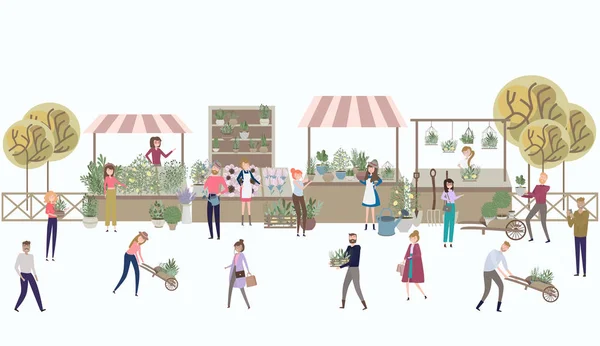 Affiche Marché Aux Fleurs Avec Des Personnes Vendant Faisant Shopping — Image vectorielle