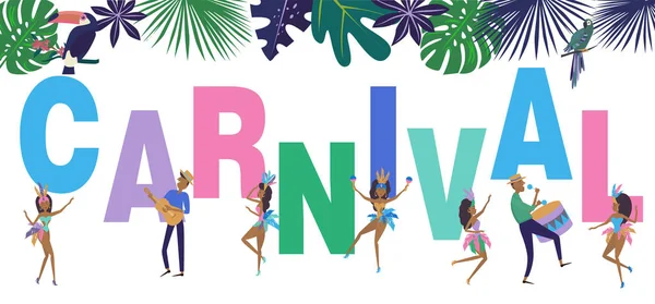 巴西狂欢节海报模板与巴西桑巴舞者 里约热内卢的狂欢节上 女孩们穿着节日服装 可编辑的矢量插图 — 图库矢量图片