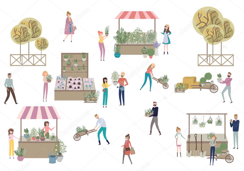 Flower market poster with people selling and shopping at walking street, cartoon flat design. Editable vector illustration