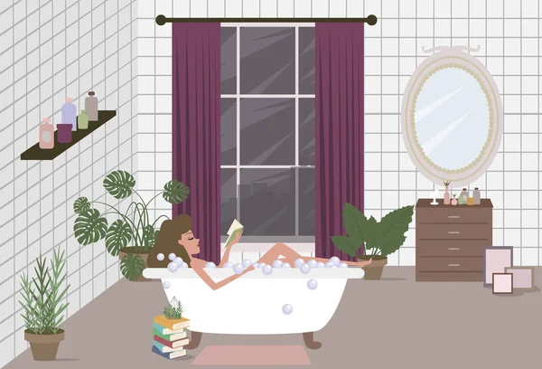 Βραδινή Ρουτίνα Γυναίκα Διαβάσετε Βιβλίο Στο Μπάνιο Εσωτερικό Μπάνιο Επεξεργάσιμο — Διανυσματικό Αρχείο
