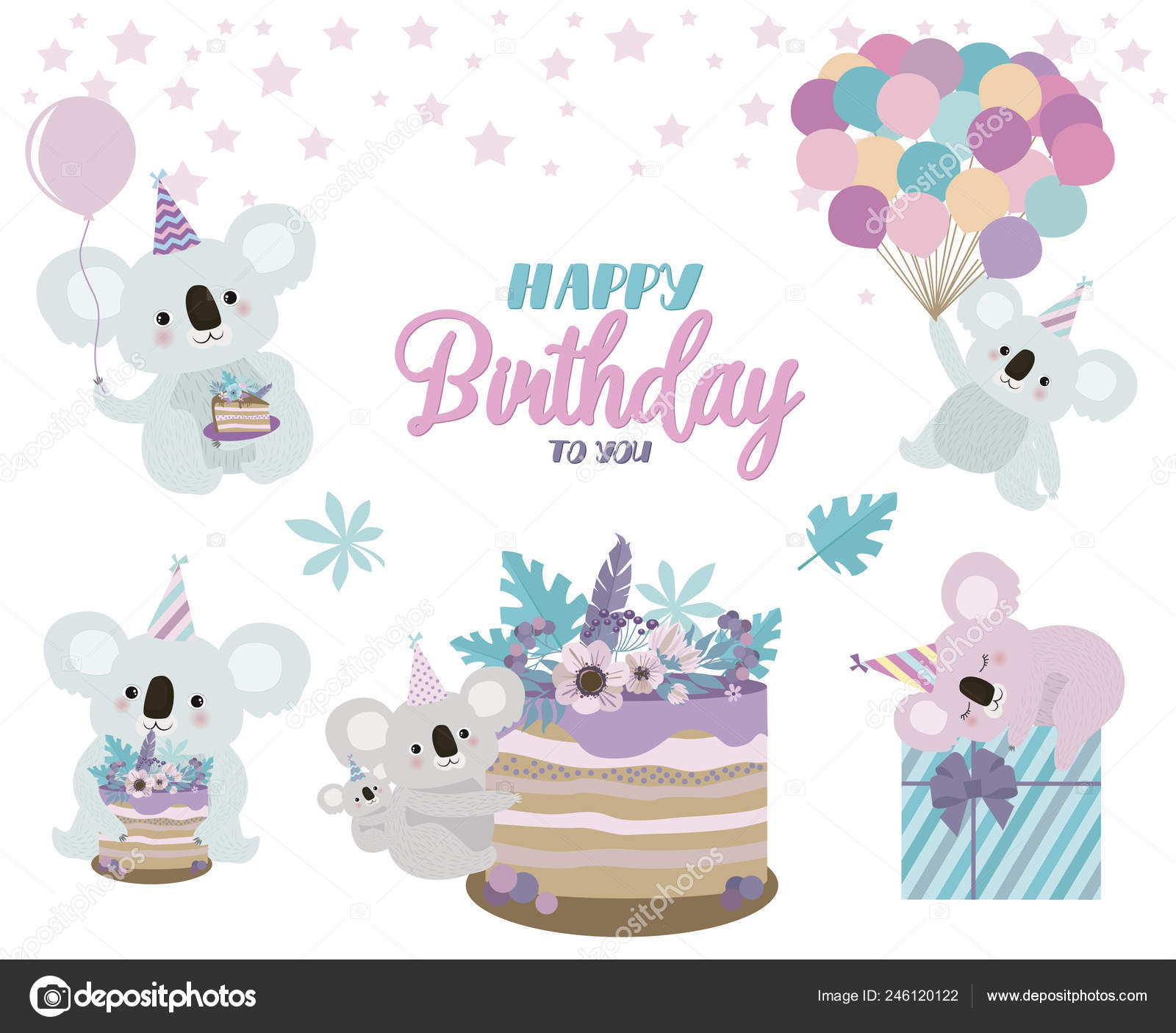 Image vectorielle Koala Ours Carte D'anniversaire Jolie Carte Vœux D' anniversaire Avec Koalas par ©MioBuono12 - 246120122, image size:1600x1405