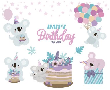Koala ayı doğum günü kartı. Şirin doğum günü tebrik kartı ile eğlenceli koalas. Düzenlenebilir vektör çizim