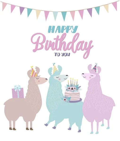 Llama birthday card. Cute birthday greeting card with alpaca. Editable vector illustration