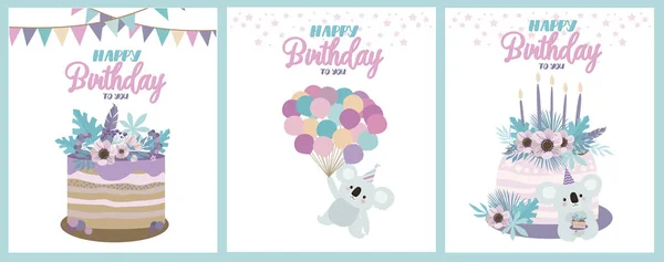 コアラ クマ誕生日カード かわいい誕生日グリーティング カードは楽しいコアラです 編集可能なベクトル図 — ストックベクタ