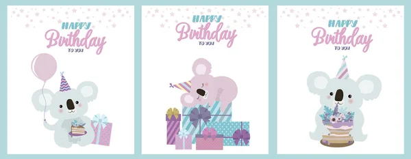 Koalas Tragen Geburtstagskarten Niedlichen Geburtstagsgrußkarten Mit Lustigen Koalas Editierbare Vektorabbildung — Stockvektor