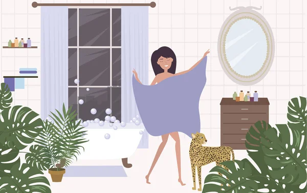 Mujer Joven Relajándose Baño Rodeada Plantas Tropicales Leopardos Ilustración Vectorial — Archivo Imágenes Vectoriales