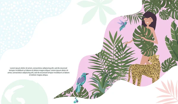 Fondo Tropical Con Planta Tropical Mujer Leopardo Salvaje Tarjeta Selva — Vector de stock